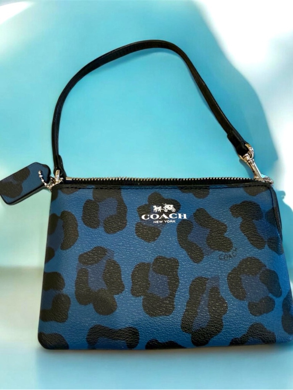COACH Blue Leopard Print Leather Wristlet